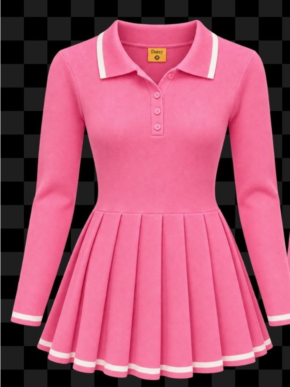 Daisy Pink Long-Sleeve Pleated Polo Dress with White Trim